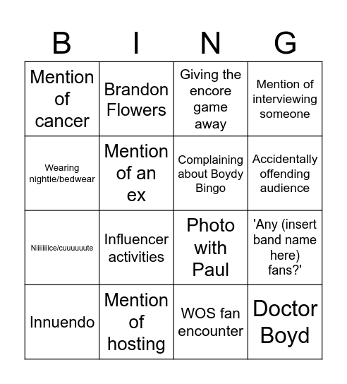 Boydy Bingo Card