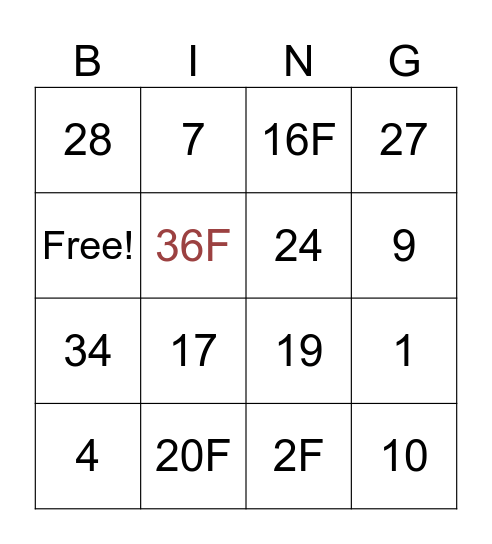 Carta Bingo 1 Bingo Card