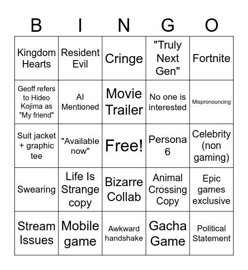 Summer Game Fest (SGF) Bingo Card
