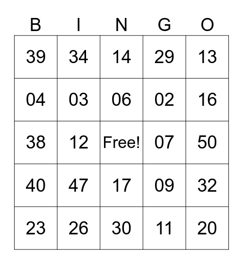 Good luck! Bingo Card