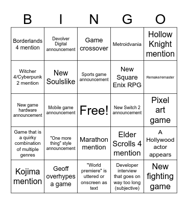 Summer Games Fest 2025 Bingo Card