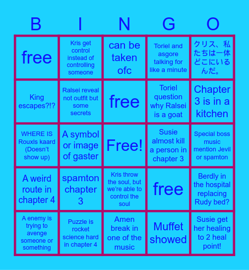 Deltarune chapter 3 and 4 Bingo Card