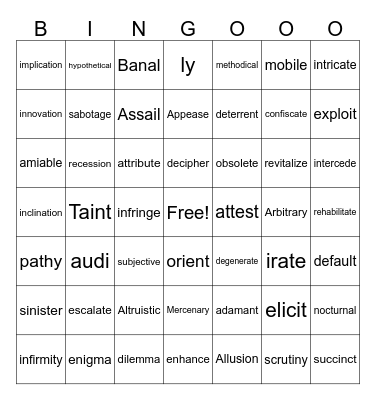Vocabulary Bingo Card