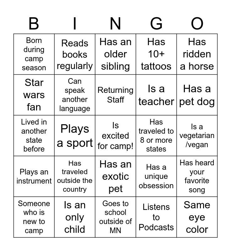 Camp Staff Bingo Card