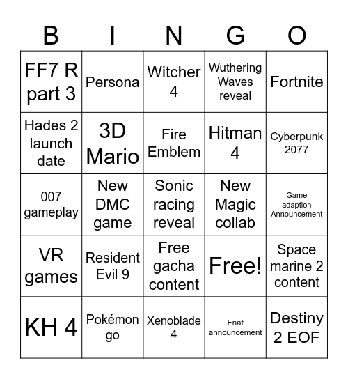 Summer Games Fest Bingo Card