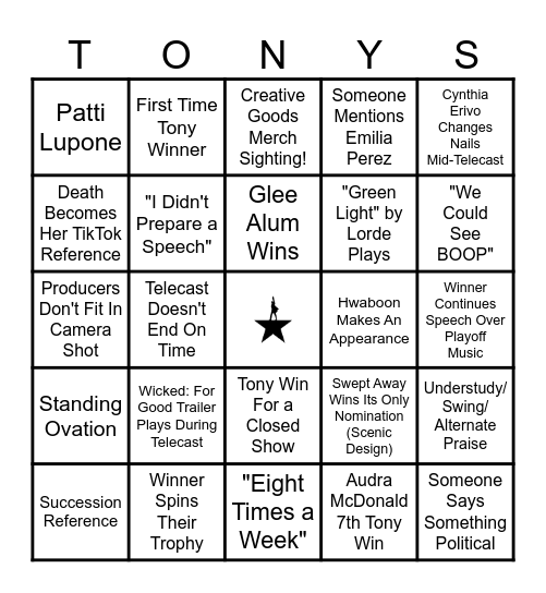 2025 Tony Awards Viewing Party Bingo Card
