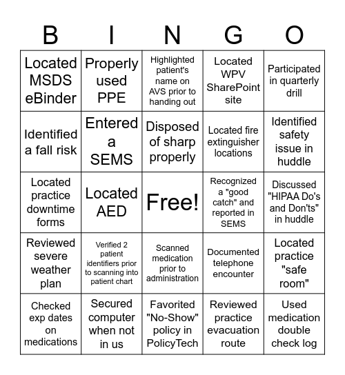 Healthcare Risk Management Bingo Card
