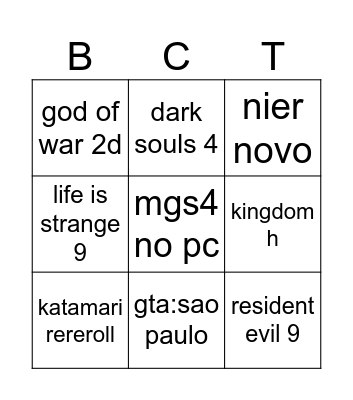 game fest Bingo Card