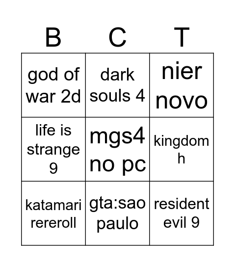 game fest Bingo Card