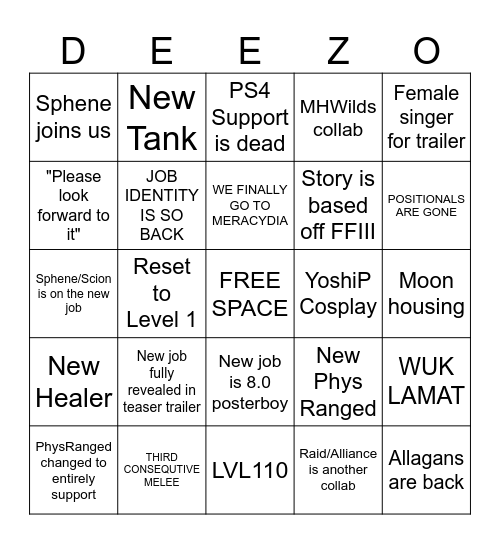 FFXIV 8.0 Announcement Showcase Bingo Card