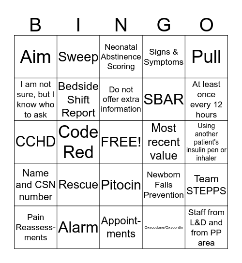 Joint Commission Bingo Card