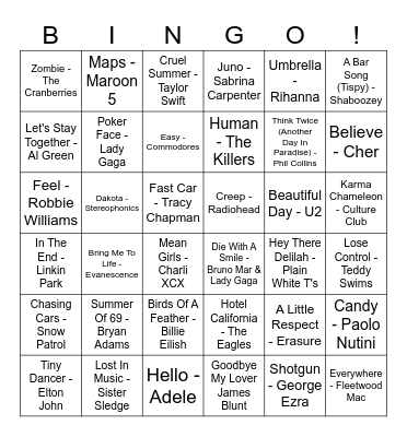 Our House Musical Bingo Card