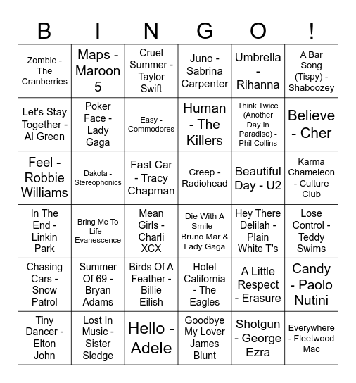 Our House Musical Bingo Card