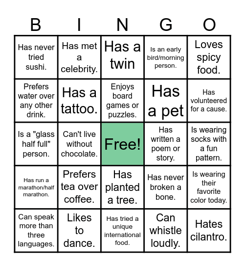 AR Team Bingo Card