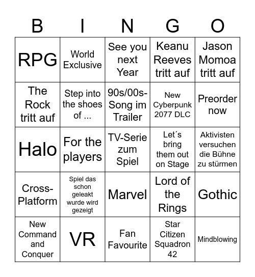 Summer Game Fest 2025 Bingo Card