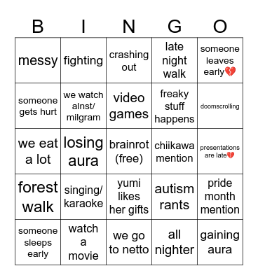 sleepoverrr Bingo Card