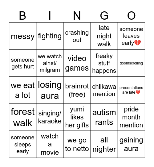 sleepoverrr Bingo Card