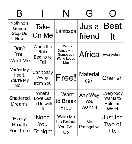 80s Bingo Card