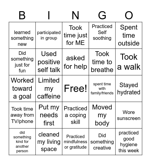 coping life skills Bingo Card