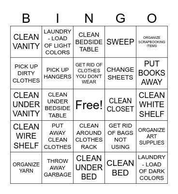 CLEAN YOUR ROOM Bingo Card