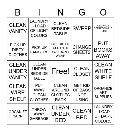 CLEAN YOUR ROOM Bingo Card