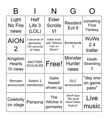 Summer Games Fest Bingo Card