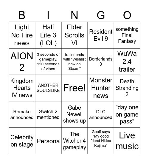 Summer Games Fest Bingo Card