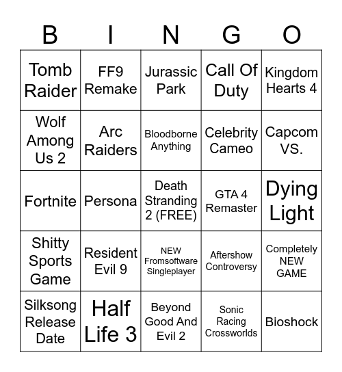 Summer Game Fest 2025 Bingo Card