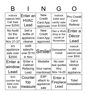 Kitchen/Bath/Appliance Bingo Card