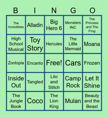 Disney Music Bingo Card