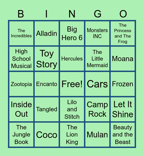 Disney Music Bingo Card