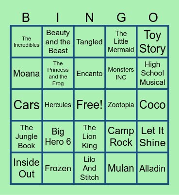 Disney Music Bingo Card
