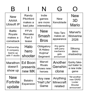 Geoff Kheighley Not E3 Summer Game Fest 25' Bingo Card