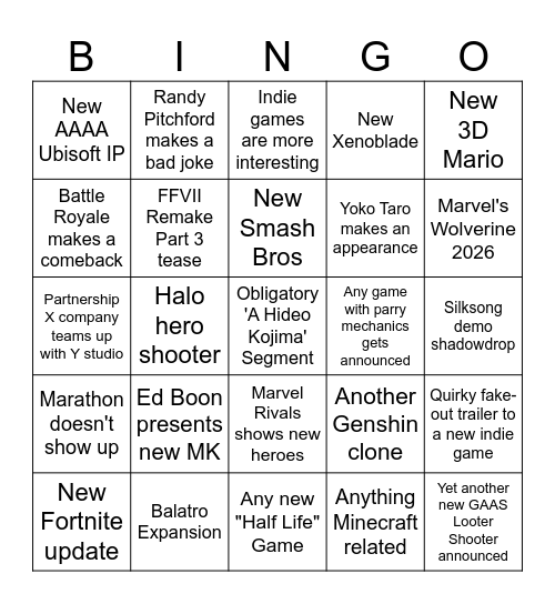 Geoff Kheighley Not E3 Summer Game Fest 25' Bingo Card