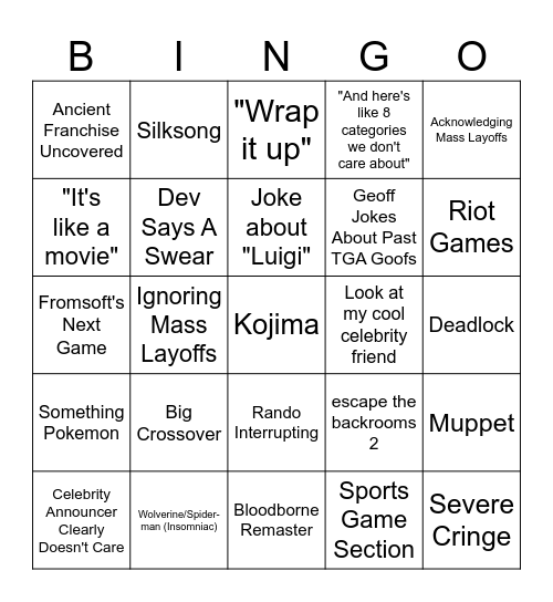 Game Awards 2025 Bingo Card