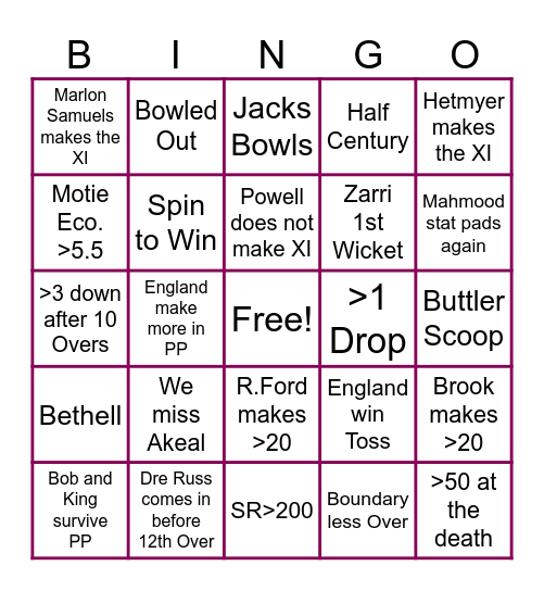 WI vs England 1st T20I Bingo Card