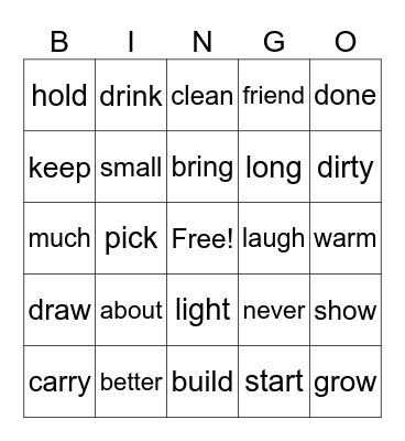Sight Words Bingo Card