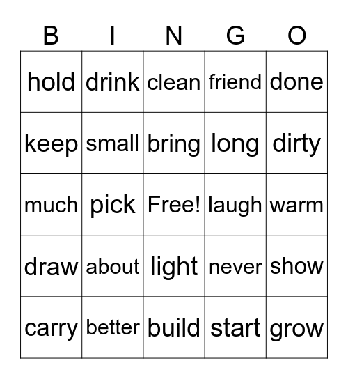 Sight Words Bingo Card