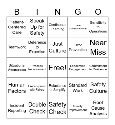 High Reliability Organization Bingo Card