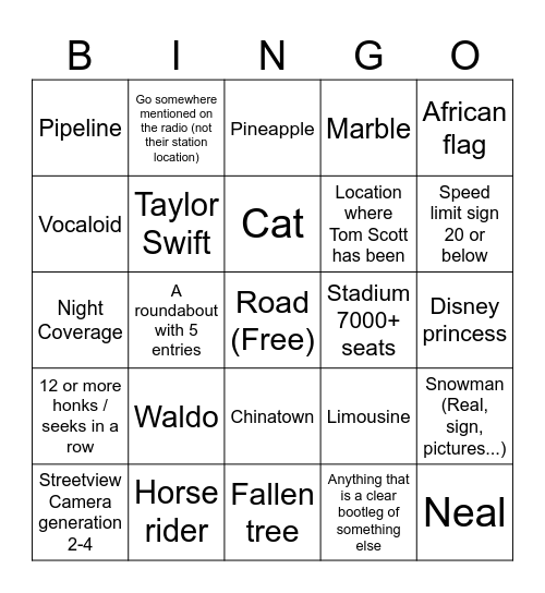 Internet Roadtrip Bingo 7 Bingo Card
