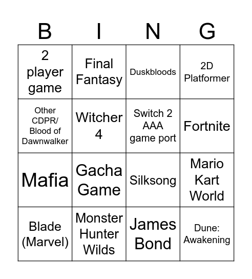 Summer Game Fest Bingo Card