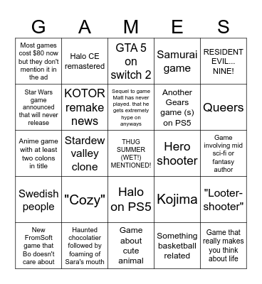 Summer Games Fest Bingo Card