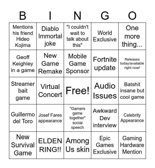 Summer Game Fest Bingo Card