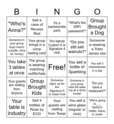 Tasting Room Bingo Card
