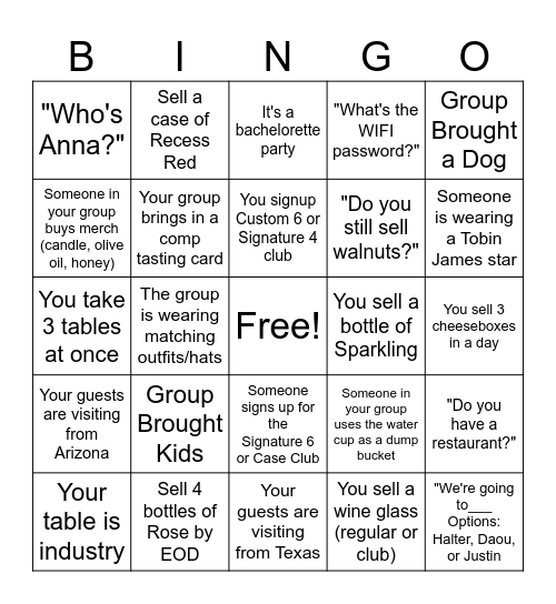Tasting Room Bingo Card