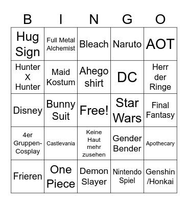 Anime Convention 2025 Bingo Card
