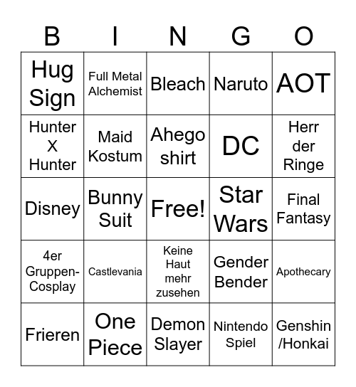 Anime Convention 2025 Bingo Card