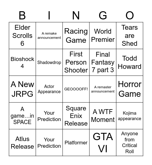 Super Bowl Bingo Card