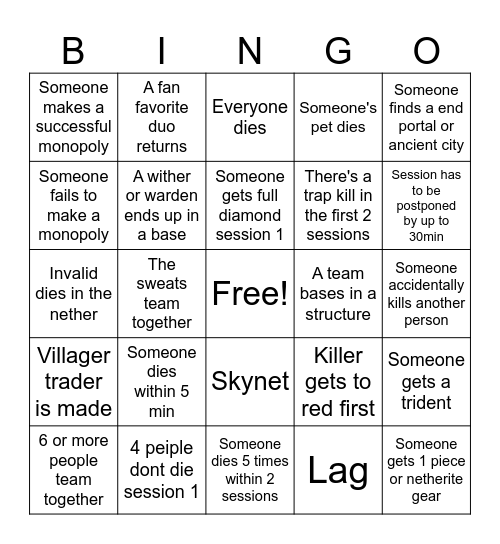 Deca Life Bingo Card