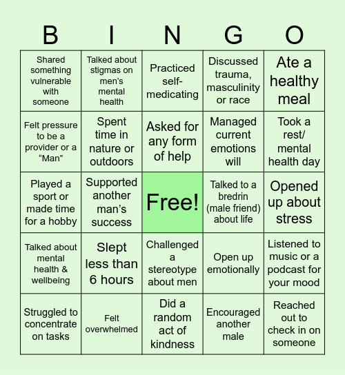 Men’s Mental Health Bingo Card